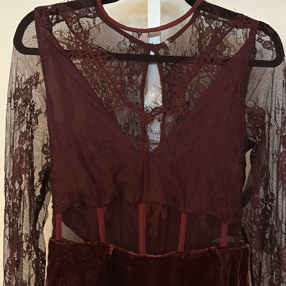Free People Burgundy Lace and Velvet Long Sleeve Dress - Picture 4 of 6